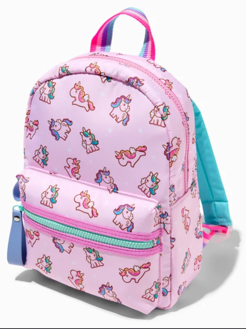 🔴 4/$15 Girls Kids Claire’s Pink Teal Rainbow Unicorn Print Small Backpack EUC